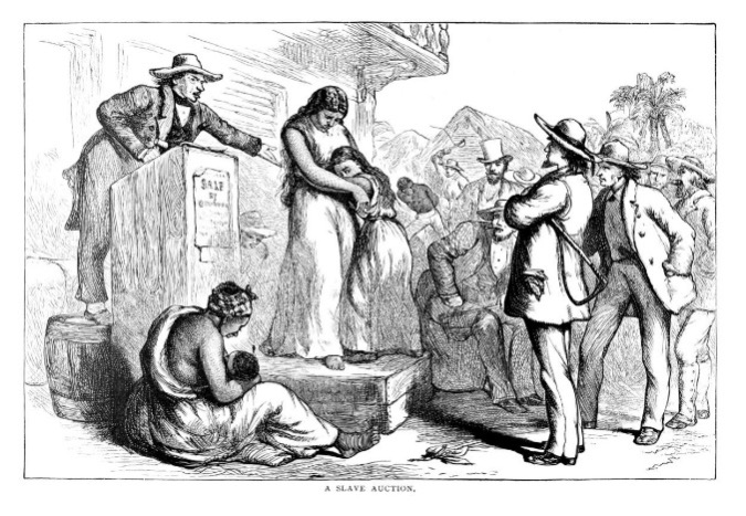 Historical image of enslaved people being sold at auction
